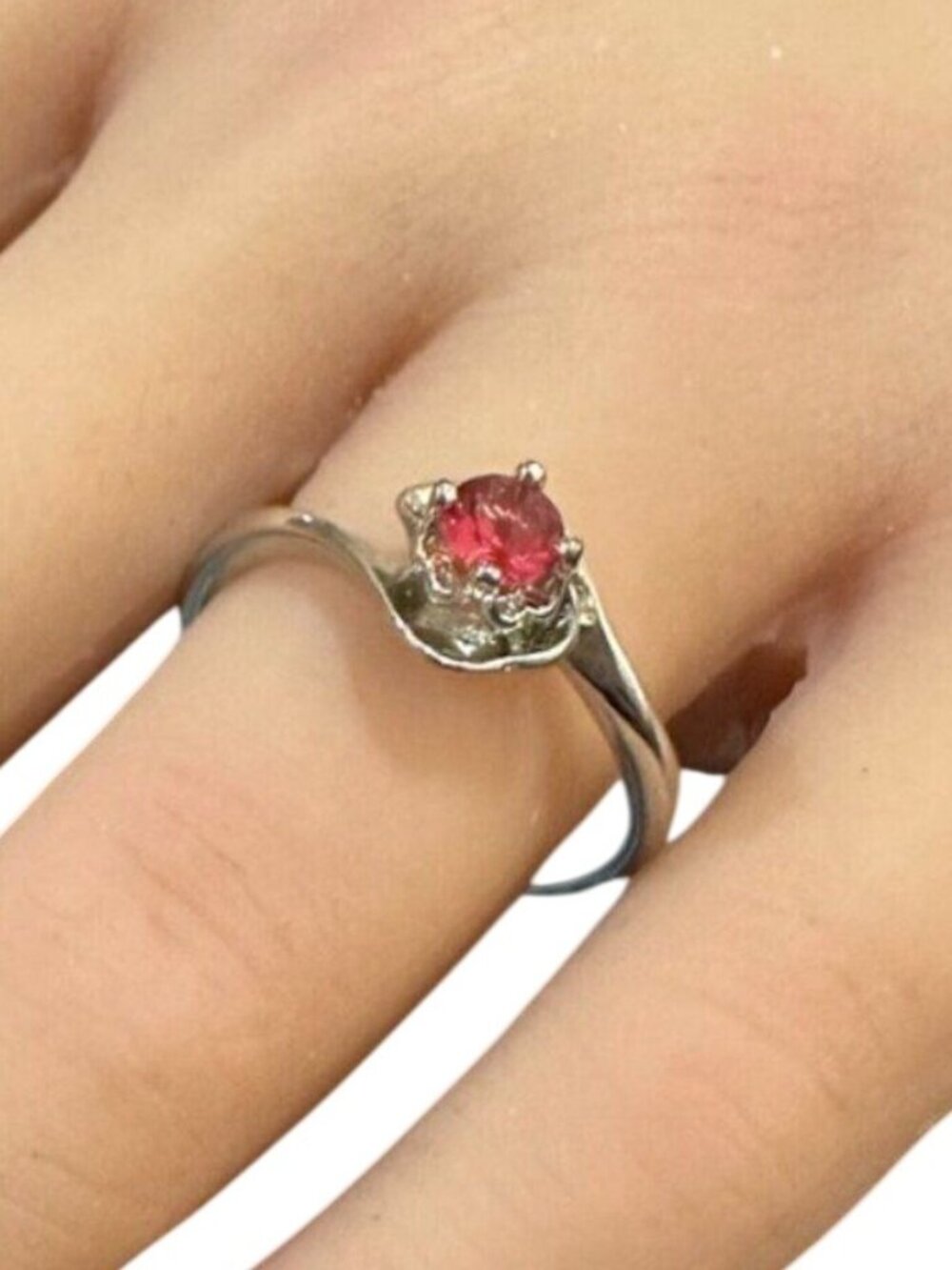 Vintage Ring Solitaire Silver Tone Red Center Prong Set Size 9 Womens Jewelry